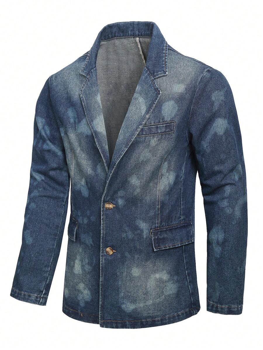 Manfinity Homme Men Lapel Neck Long Sleeve Single-Breasted Casual Denim Jacket, Fall - Blue - View 1
