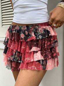 Sunnyshic Casual Multi-Layered Printed Shorts Skirt, Summer - Multicolor - View 5