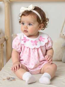 SHEIN Baby Girl Floral Bear Print Ruffled Collar Short Sleeve Bodysuit With Embroidered Bow,Comfortable & Breathable Pink,Summer,Cute,Family Matching - Pink - View 1