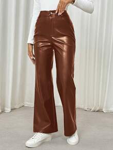 SHEIN LUNE Women Solid Color Leather-Look Regular Long Pants - Brown - View 3