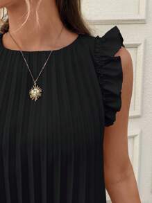 SHEIN LUNE 女士粉色褶皱迷你连衣裙，荷叶边短袖，适合夏季浪漫度假休闲穿着 - 黑色 - 查看 4