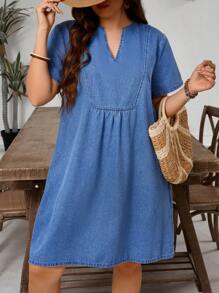 EMERY ROSE Plus Size Women's Autumn V-Neck Short Sleeve Casual Elegant Denim Dress Vacation Formal Light Blue - Blue - View 8