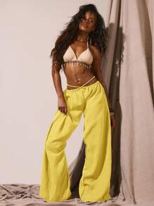 Musera Resort Lässige Hose mit tiefer Taillenkruzung, weitem Bein aus Musselin, für Frühling, Sommer, Urlaub, sexy, Boho, Ibiza-Festival, Strand, Badeanzug-Cover-Up, mädchenhaft, pastellfarben