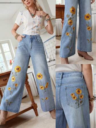 LanaWest Women's Casual Washed Floral Embroidery Denim Long Pants