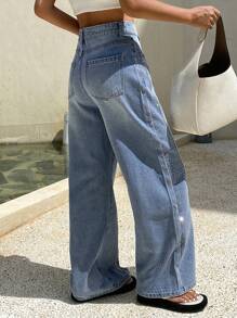 Livesso 女式水钻装饰口袋宽松阔腿休闲牛仔裤 - 藍色 - 查看 2