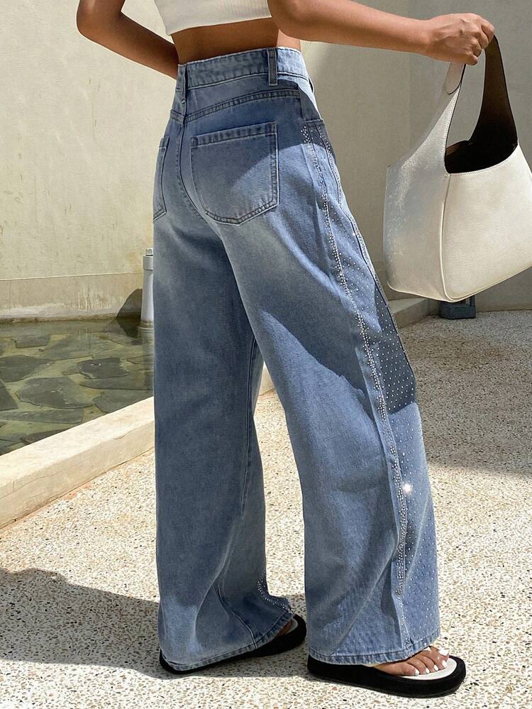 Women's Rhinestone Embellished Pocket Loose Fit Wide Leg Casual Jeans