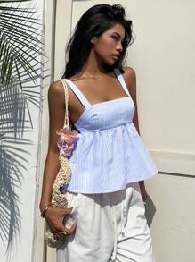 Aloruh 夏季女士条纹荷叶边吊带背心 - 藍白色 - 查看 5