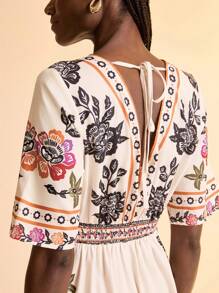 CAJUNI Damen lässiger V-Ausschnitt Jumpsuit mit Ananas, Päonie & tropischem Blume Muster, kurze Ärmel, elastischer Taille, weite Passform für Sommer Strand Urlaub