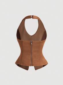 SHEIN MOD ملابس علوية نسائي مزين بالخرز مع حافة منسدلة، رقبة حلقة، ملابس علوية عصرية بدون أكمام، ملابس علوية حلقة، ملابس علوية Y2K، حفلات موسيقى الريف، سترة بنية، رقص، ملابس علوية للحفلات، كاوبوي - أصفر - مشاهدة 2