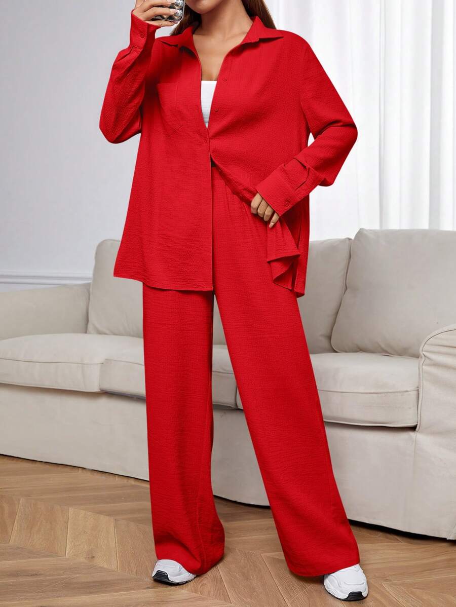 SHEIN EZwear Red Woven Casual Women's Long Sleeve And Long Pants Set Women Red Outfit - Red - View 1