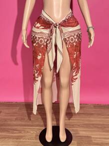 Slaydiva 2025年夏季新款蕾丝音乐节复活节西部波西米亚风优雅派对性感海滩泳池日光浴病毒式热门假日泳衣罩衫热带红色印花 - 紅色 - 查看 2