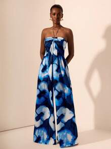 Zivah 2025 春夏新品 音乐节、复活节、圣帕特里克节、西部风、游牧风、生日派对、毕业季、学院风、学生装、日常外出、基础百搭、休闲、度假、邮轮旅行、海滩、日光浴、网络爆红、街头服饰、婚礼宾客装、通勤 无袖彩色绳露肩蓝白扎染几何印花口袋连体裤 - 藍色 - 查看 5