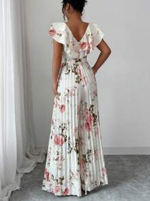 Selianne Mono elegante con cuello en V con volante, cintura plisada, pierna ancha, para vacaciones y resort - Multicolor - Ver 2