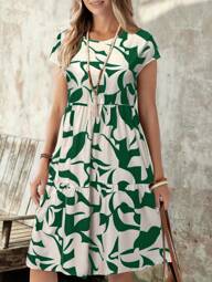 EMERY ROSE Women's Geometric Print Short Sleeve Round Neck Casual Everyday Short Dress, Spring/Summer