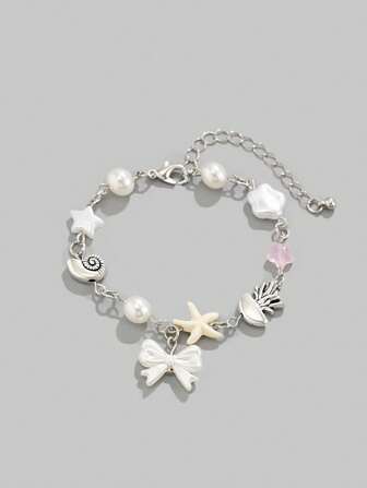 Fairycore Fashionable Ocean-Inspired Minimalist Seashell/Starfish/Bow Knot/Star Faux Pearl Beaded Bracelet