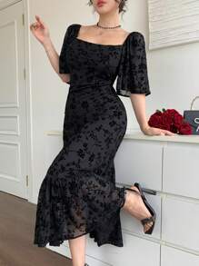 DAZY Đầm nữ dài đến bắp chân, cổ vuông, xếp ly, chất liệu chiffon in hoa, thích hợp cho ngày Valentine, trang phục đi học hoặc đi nghỉ mát. - màu đen - Xem 3