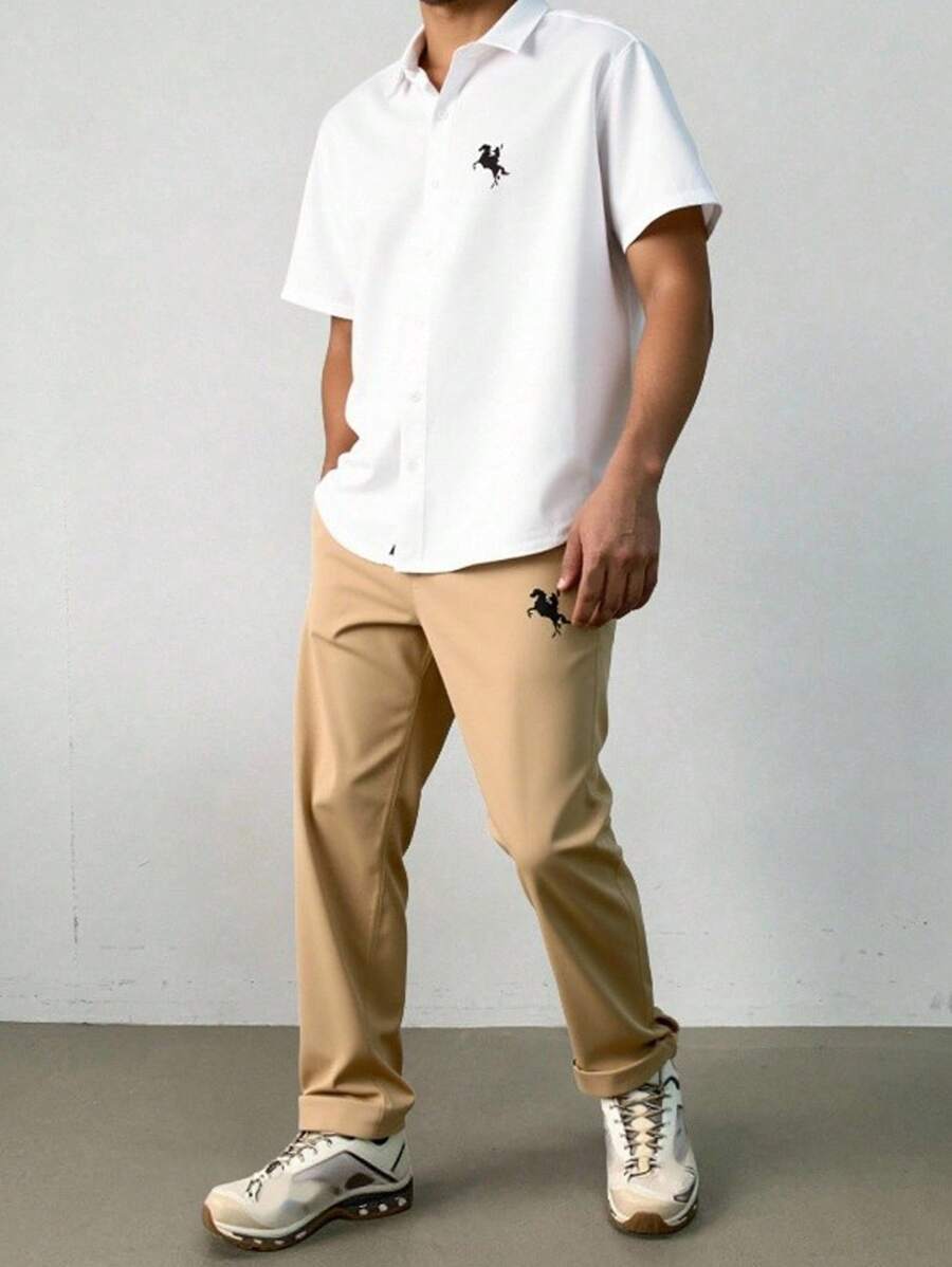 SHEIN 2pcs/Set Teen Boys Casual White Short Sleeve Shirt And Khaki Pants Outfit, Streetwear Punk Rock School Daily Party Music Festival Suit, Spring/Summer - Multicolor - View 1