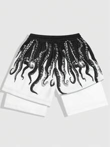 ROMWE MEN Goth Men's Octopus Printed Drawstring Waist Dual Layer Shorts - Multicolor - View 2