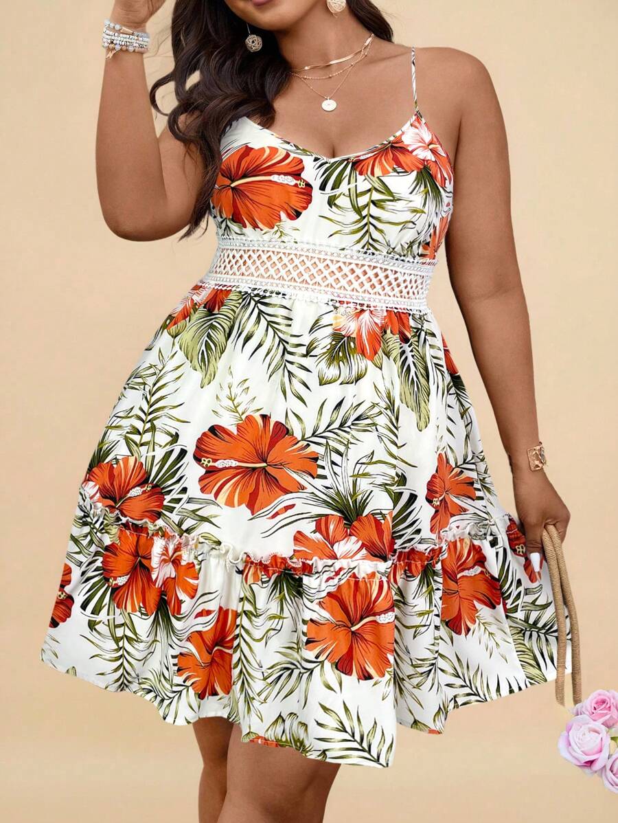 SHEIN VCAY Plus Size Casual Tropical Print Sleeveless Dress - White - View 1