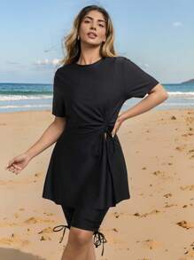 Swim Mulvari Plus Size Black Short Sleeve Crop Top And Mid-Thigh Shorts Conservative Modest Burkini For Summer Beach Vacation - Black - View 6