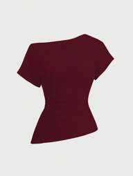 Sweetra T-shirt femme à manches courtes, col asymétrique à volant, couleur unie, été