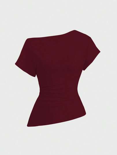 Sweetra Damen T-Shirt mit asymmetrischem Ausschnitt, Rüschen und kurzen Ärmeln, einfarbig, Sommer