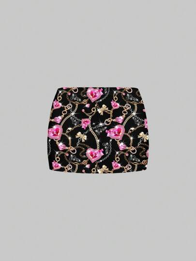 J-Fashion Fully Allover Print Heart Chain Diamond Glitter Contrast Color Holiday Sexy Bodycon Super Low Waist Mini Skirt