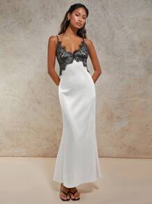 COSMINA Váy không tay chắp vá ren màu tương phản dành cho nữ - trắng - Xem 5