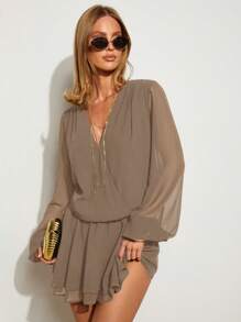 COSMINA Đầm mini tay dài cổ chữ V màu trơn thanh lịch dành cho nữ - Lạc đà - Xem 4