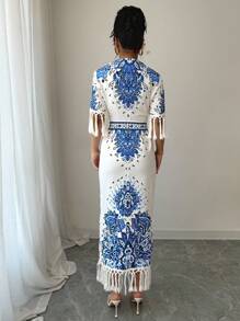 Chiquease Round Neck Side Slit Hem Floral Print Dress For Women - Blue - View 2