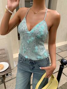 Serisse Summer Women Sequin Embroidered Camisole Tank Top,Rave Outfits Festival,Ibiza Outfits,Beaded Top Glitter Green
