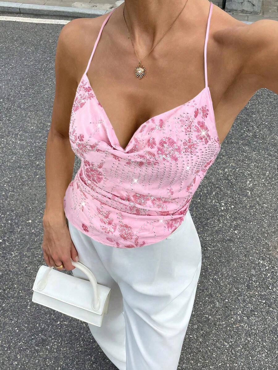 Siren Gaze 女式性感露背亮片刺绣吊带背心，夏季