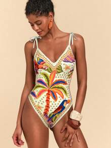 Travachic 1 pieza Traje de baño de una sola pieza sin mangas con estampado de palmera, estilo vacacional para mujer