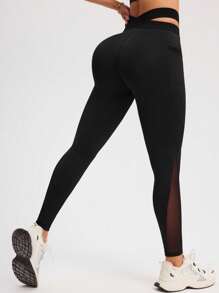 SHEIN Sports 女士纯色腰部交叉紧身裤，休闲夏季运动紧身裤 - 黑色 - 查看 3