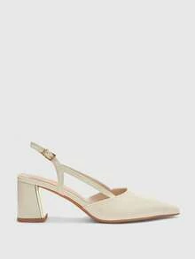 CUCCOO BIZCHIC Giày cao gót hở lưng đế thô mũi nhọn màu trắng, trang trí kim loại, thoải mái và thanh lịch, giày công sở hàng ngày cho nữ - Màu be - Xem 6