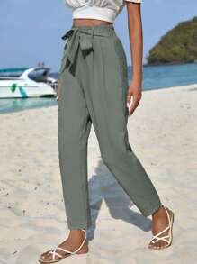 EURMUSE Solid Tie Front Trousers - Mint Green - View 2