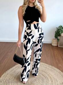 MYSTAURA Conjunto de 2 piezas de top ajustado con espalda cruzada y pantalones rectos elegante y sexy para mujer - Albaricoque - Ver 3