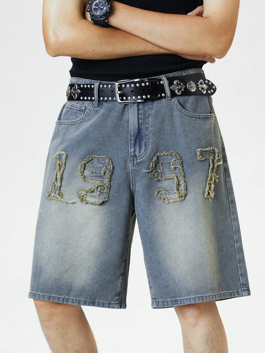 Manfinity Roghcode Plus Size Men's Distressed Number Pocket Loose Casual Denim Shorts