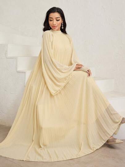 Veilorie Women's Solid Color Mock Neck Pleated Flare Sleeve Arabic Style Dress