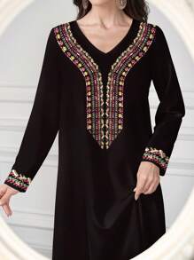 SHEIN Najma Women's Black V-Neck Long Sleeve Flare Hem Elegant & Comfortable Printed Abaya Dress, Vintage Artistic Collar & Cuff Floral Pattern, Polyester Fabric, Suitable For Home, Outdoor, Festivals, Parties & Events, Midi Dress, Summer Dress, Dress For Women