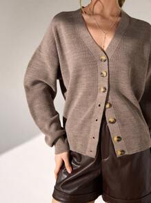 CLARA VERO Women's Solid Color Drop Shoulder Long Sleeve Single-Breasted Casual Cardigan,Petite Cardigans,Cardigans