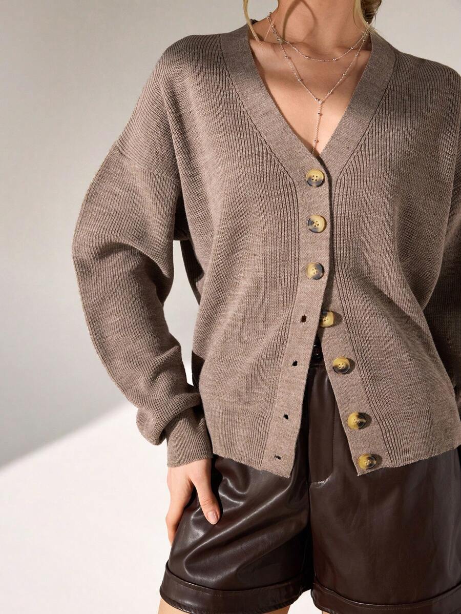 CLARA VERO Women's Solid Color Drop Shoulder Long Sleeve Single-Breasted Casual Cardigan,Petite Cardigans,Cardigans