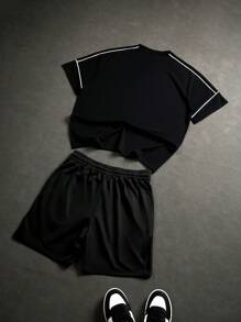 PAVTROS Manfinity Streetrush Men Letter Printed Short Sleeve Casual T-Shirt And Drawstring Waist Shorts Set , Men S Two Pieces Short Sets ,Summer - Multicolor - View 2