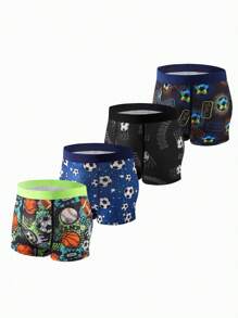 4 Stücke/Packung Boxer-Slips für Tween Jungen mit Fußball-, Basketball- und Rugby-Motiven - Verschiedenfarbig - View 1