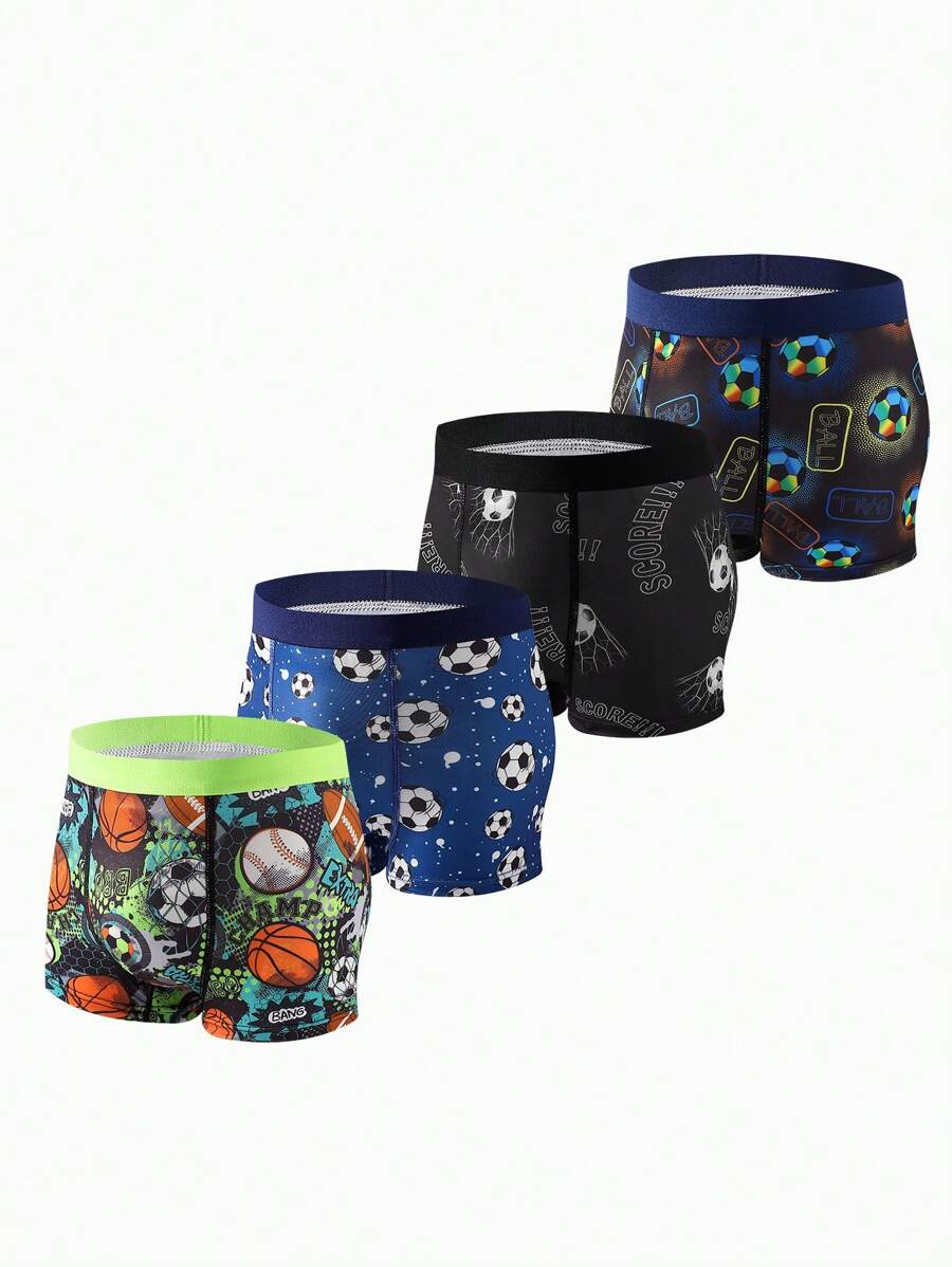 4 Stücke/Packung Boxer-Slips für Tween Jungen mit Fußball-, Basketball- und Rugby-Motiven - Verschiedenfarbig - View 1