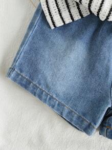 SHEIN Baby Boy Summer Polo Collar Short Sleeve Stripe Shirt Paired With Fashionable Denim Shorts Set, Suitable For Outings And Vacations - Multicolor - View 7