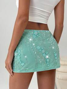SHEIN EZwear Y2k Sequin Bead Floral Embroidery Low Waist Rhinestone Glitter Bodycon Club Mini Skirt,Vacation, Going Out,Ibiza,Beach Skirt - Green - View 2
