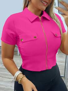 INAWLY Women's Casual Fitted Collared Zip Front Metal Accent Sexy Shirt