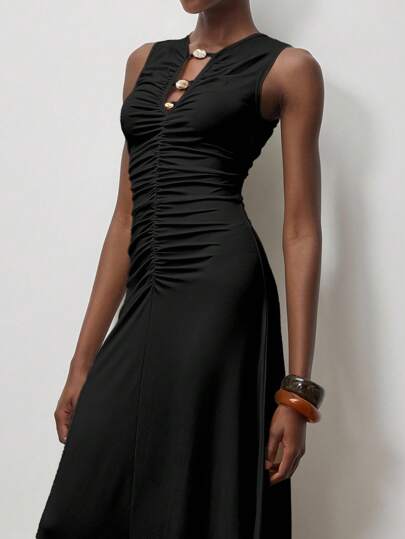 Lumivelle Women's Sleeveless Hollow Out Ruched Bodycon Beaded Decor Dress, Slimming Style, Spring/Summer