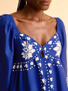 CAJUNI Women's Boho Tropical Print Long Puff Sleeve Cutout Front Short Dress, Casual Summer Holiday Dress - Multicolor - View 6